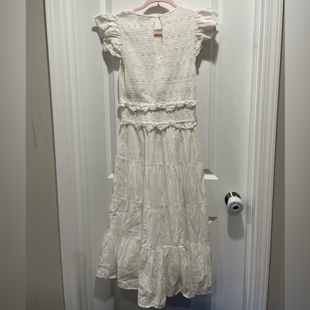 Cleobella Emmy White Eyelet Embroidered Ruffle Smocked Cotton Midi Dress Size M - Picture 8 of 9